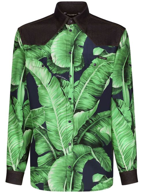 Panelled leaf-print shirt - Green