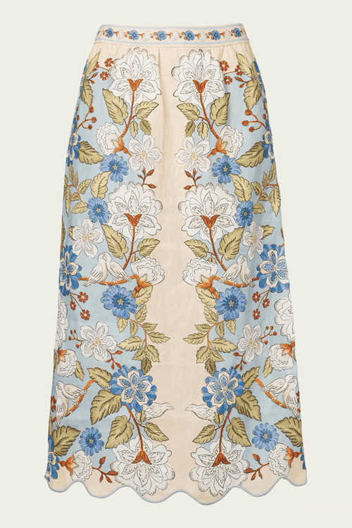 Cream Garden Scarf Linen Midi Skirt