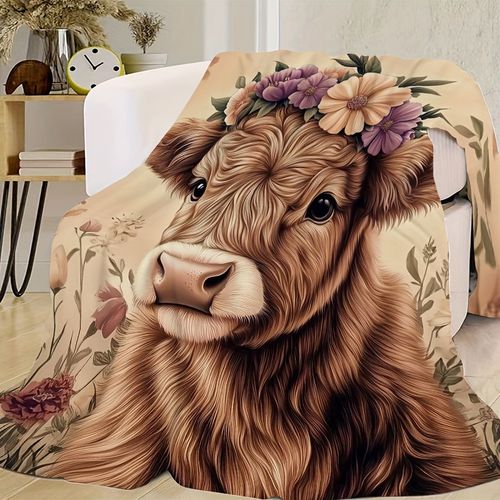 TEMU Scottish Highland Cow With Floral Wreath Retro Hd Flannel Blanket - Soft Warm Multi-use Throw For Sofa Bed Camping, Machine Washable Holiday