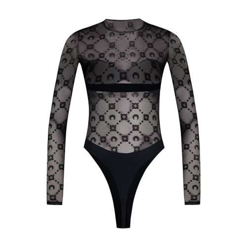 Moonogram Mesh Flock Bodysuit — Black