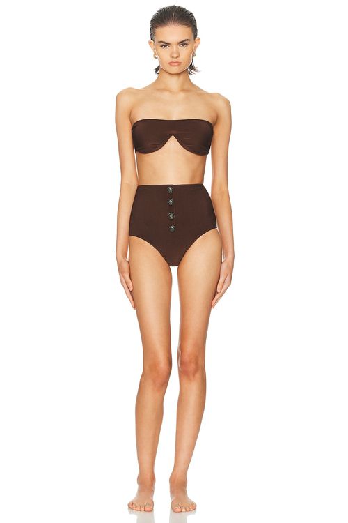 ADRIANA DEGREAS Corduroy High-Leg Strapless Bikini Set in Brown - Brown.  S also in