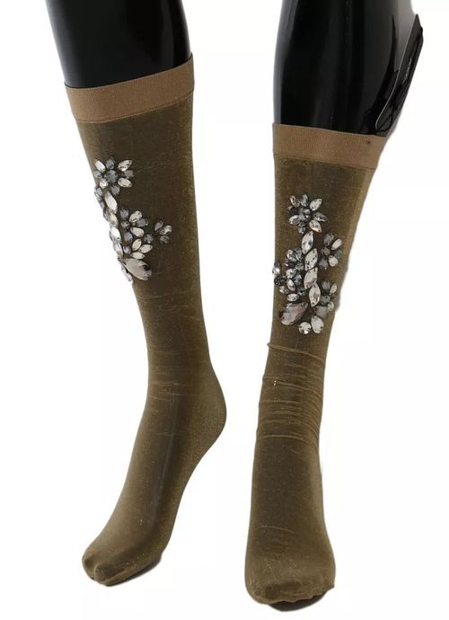 Floral Crystal-Embellished Stocking Socks — Gold