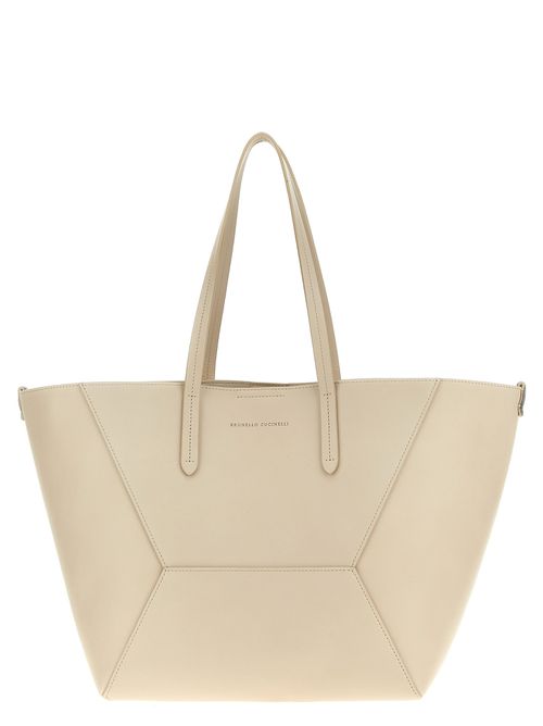 -Leather Shopping Bag Tote Beige-Donna