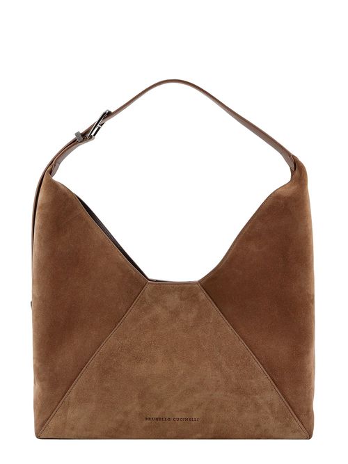 Suede shoulder bag with engraved logo