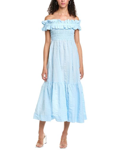 GANNI Seersucker Check Smocked Maxi Dress