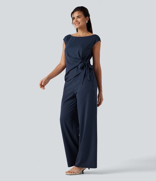 Boat Neck Sleeveless Tie Side Cool Touch Stripe Work Jumpsuit with Pockets-Easy Peezy Edition  - Navy Pinstripe