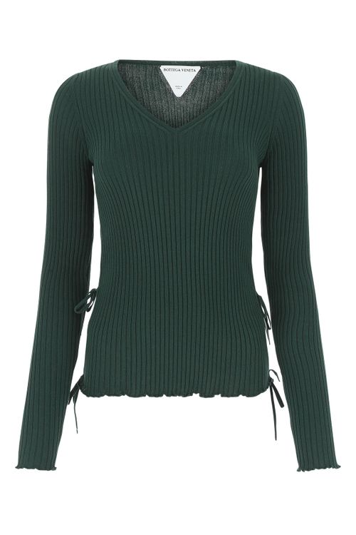 Ribbed V-Neck with Ruched Sleeves Sweater — Green