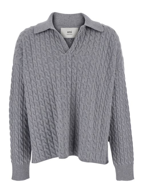 Grey Knitted Shirt Collar Sweater