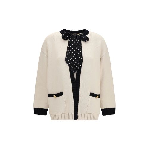 Polka-Dot Bow Cardigan — Beige