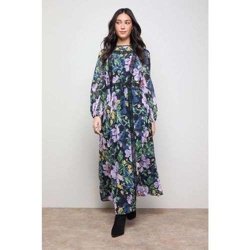Oasis Women's Printed Lace Trim Balloon Sleeve Midi Smock Dress in Flora