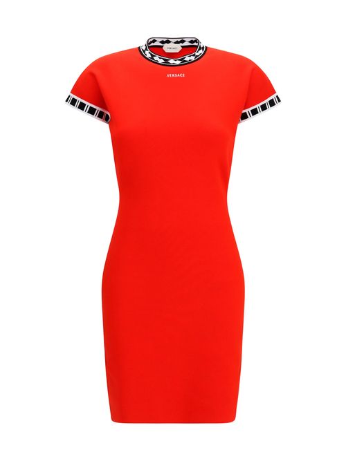 Geometric Jacquard Trim Mini Dress — Red