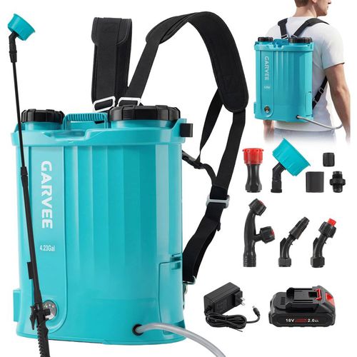 Garvee 4.23-Gallon Battery Backpack Sprayer, 18V Rechargeable, Adjustable 0–65 PSI, 5 Nozzles & Spray Wand for Lawn, Garden and Plant Care
