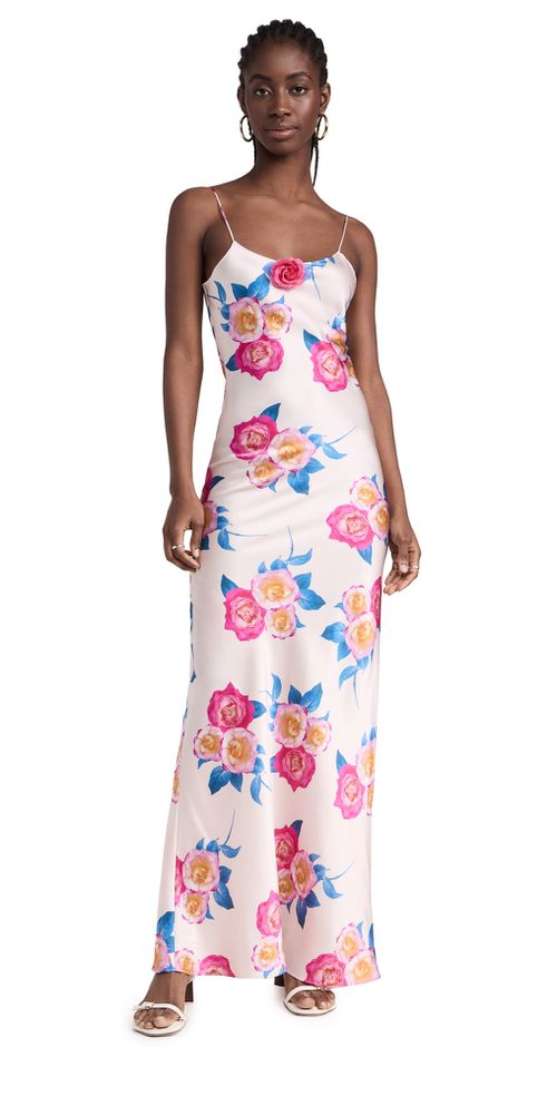 Pink and Blue Rose Printed Silk Bias Long Slip Dress Pink