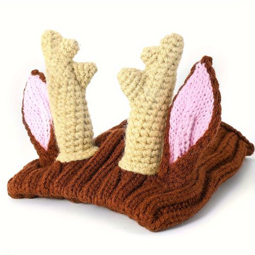 TEMU Cozy Knit Pet Hat For - Elk With Antler Earmuffs, 100% Polyester Warm Winter Hat For Halloween Christmas New Year, Anxiety Relief For Sma