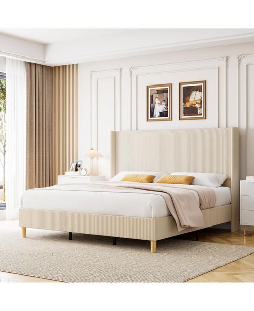 King Size Corduroy Upholstered Bed Frame Platform Tall Vertical Stripe Wingback Headboard No Box Spring Wooden Slats Beige - Beige