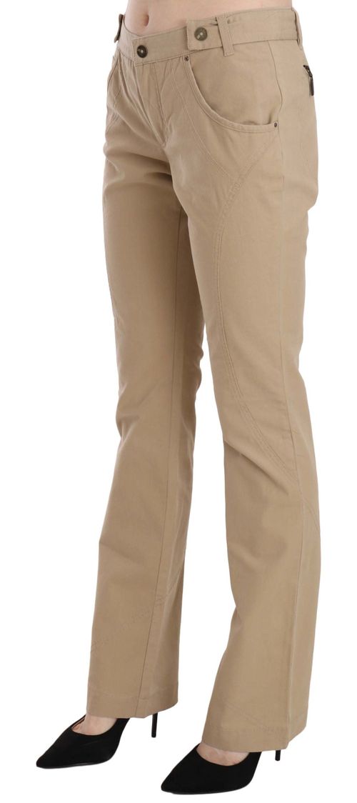 Cotton Mid-Waist Straight Trousers — Beige