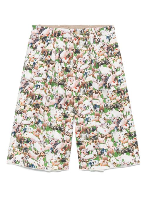 Bless pigs-print pleated shorts - White