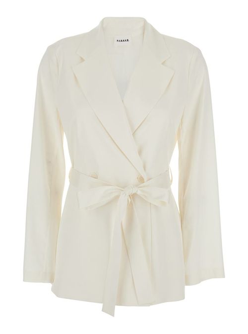 White Double-Breasted Jacket With Notched Revers And Front Belt Closure In Tech Fabric Woman