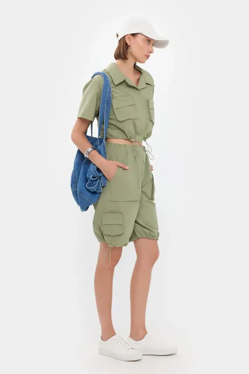 Green Utility Shirt And Cargo Shorts Coords Set Women