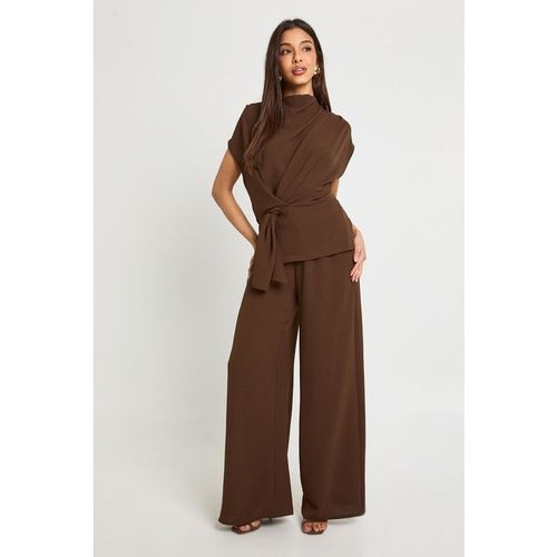 Boohoo Womens Woven Drape Blouse & Trouser Co-Ord - Brown Deni