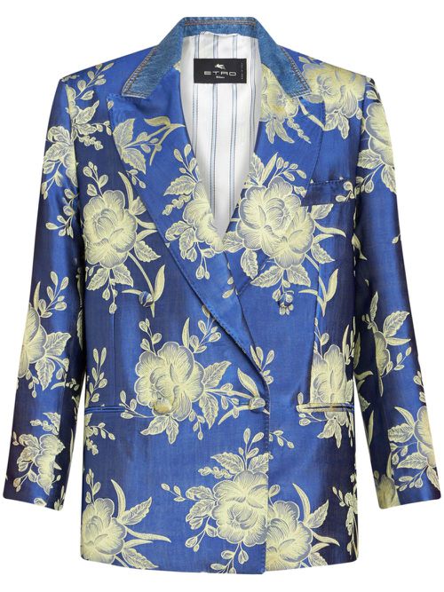 Floral-jacquard double-breastred blazer - Blue