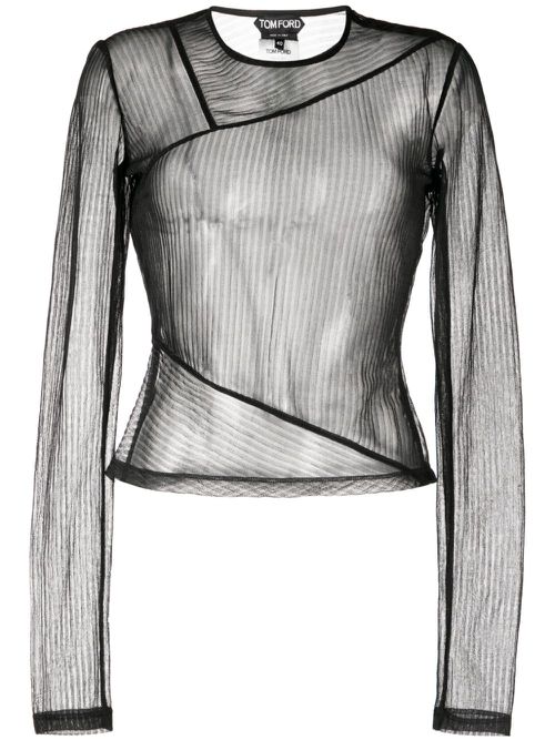 Sheer ribbed long-sleeve jersey top - Black
