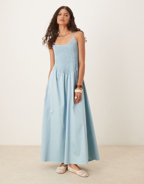 Scoop neck crinkle maxi dress with cross back in steel blue