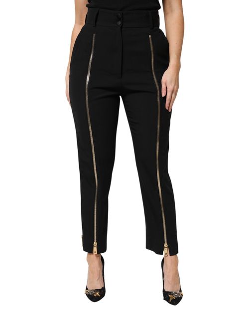 Wool Zipper-Trim High-Waist Trousers — Black