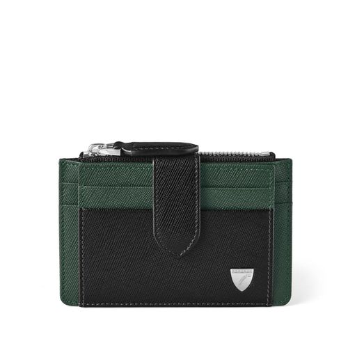 Zipped RFID Card Holder in Black & Green Saffiano