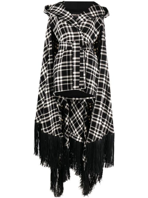 Frayed-hem plaid hooded cape - Black