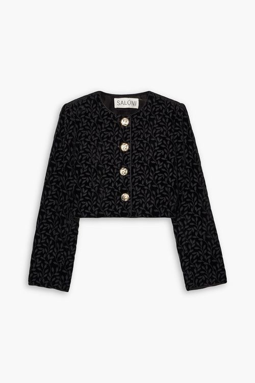 Vika cropped satin-trimmed velvet-jacquard jacket - Black - UK 18