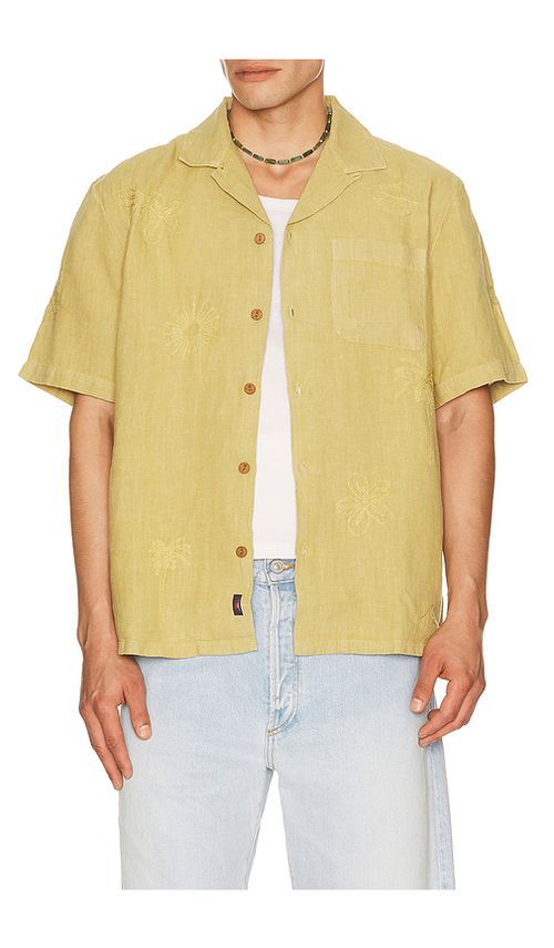 Faherty Short Sleeve Embroidered Shirt in Mustard. S. Also in M, L, XL/1X