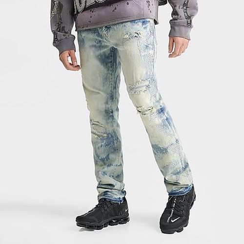 Men's Rhinestone Scorpion Ripped Denim Jeans in Seville Blue