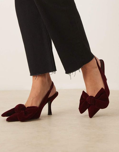 Saffron bow detail mid heeled shoes in burgundy velvet-Red