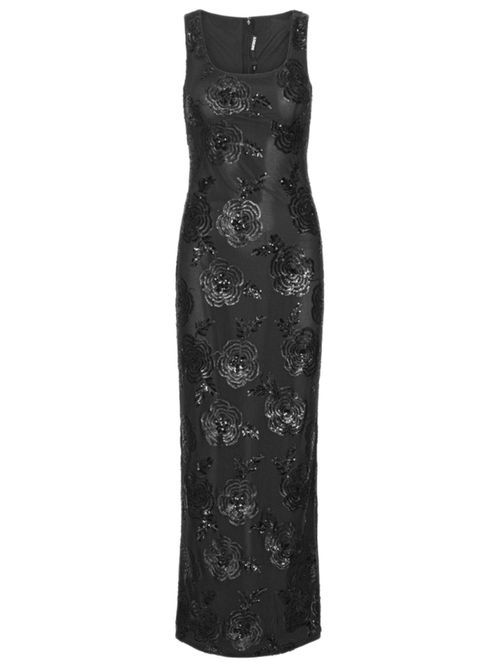Long Fitted Sequin Floral Embroidered Dress with Bateau Neckline and Back Slit (Size 34)