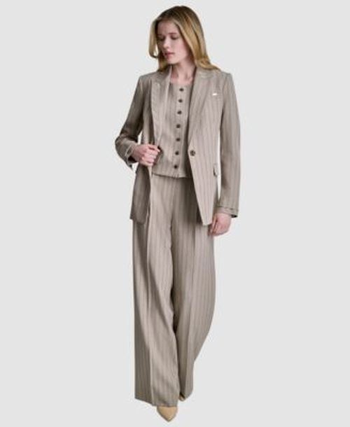 Womens Pinstripe Notch Collar Blazer Pinstripe Button Front Vest Mid Rise Straight Fit Pants