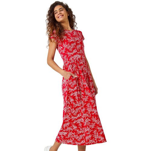 Roman Womens Ditsy Gathered Skirt Stretch Midi Dress - Red