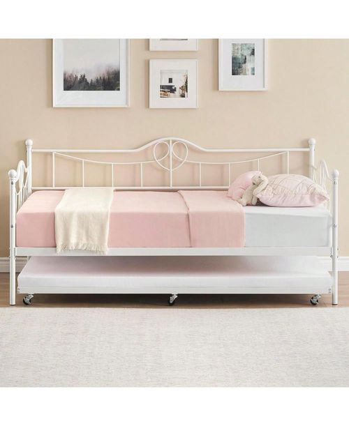 Metal Twin Daybed and Pull-Out Trundle Set, Twin Size, Steel Slat Support, Sofa Bed Frame for Living Room, Bedroom, Guest Room - White