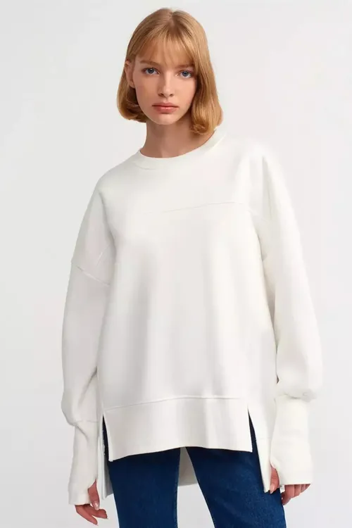 White Oversized Crew Neck Side Slit Sweatshirt Women