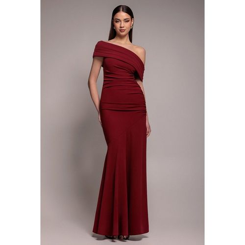 Goddiva Pleated One Shoulder Bardot Fit And Flare Maxi Dress - Burgundy