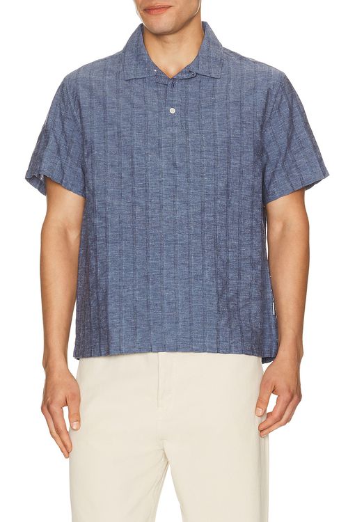 Onia Cotton Linen Pop Over Shirt in Navy Multi - Navy. S also in M, L, XL/1X