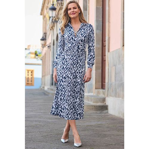 Sosandar Womens Blue & White Aztec Print Twist Front Dre