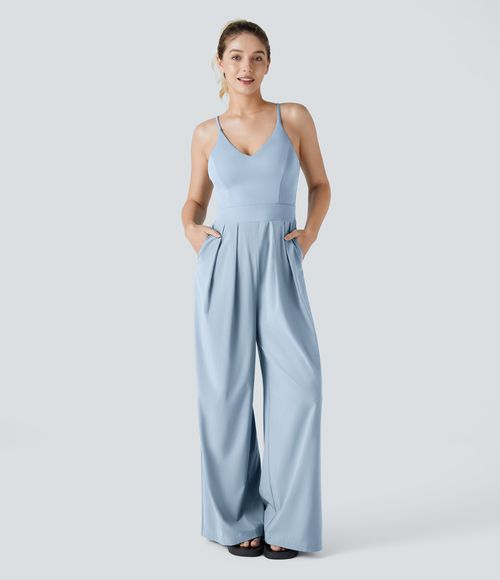 Breezeful™ Backless Side Invisible Zipper Pocket Wide Leg Quick Dry Resort Slip Jumpsuit  - Ballad Blue