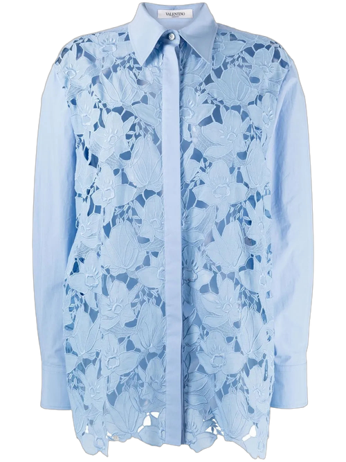 Floral-Lace Cotton Shirt — Blue
