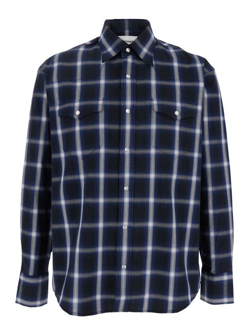 Blue Shirt With Classic Collar And All-over Check Motif In Cotton Man