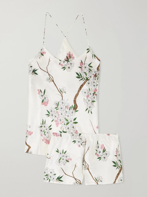 Bella Floral-print Silk-satin Pajama Set - White