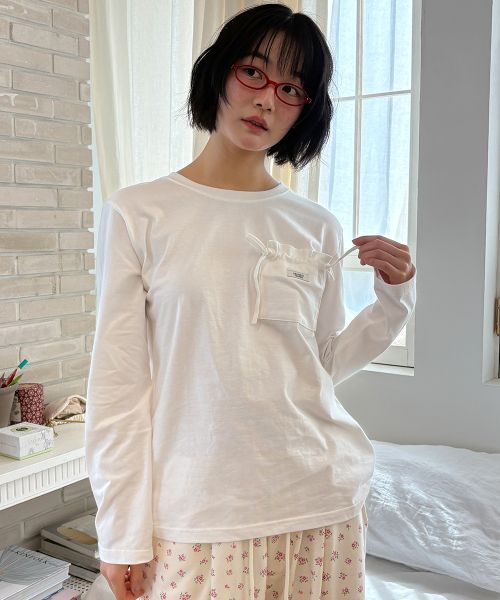 SHIRRING MINI POCKET LONG SLEEVE T SHIRT WHITE