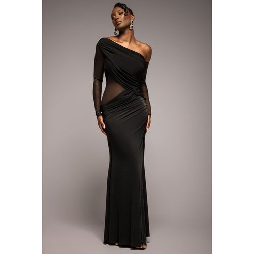 Goddiva Gathered Cowl Asymmetric Mesh And Soft Touch Maxi Dress - Black