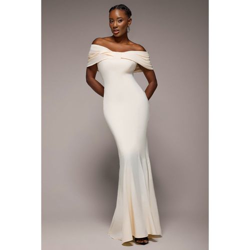 Goddiva Bardot Bow Neck Maxi Dress - Crea