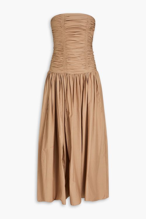 Strapless ruched cotton-poplin maxi dress - Neutral - 1